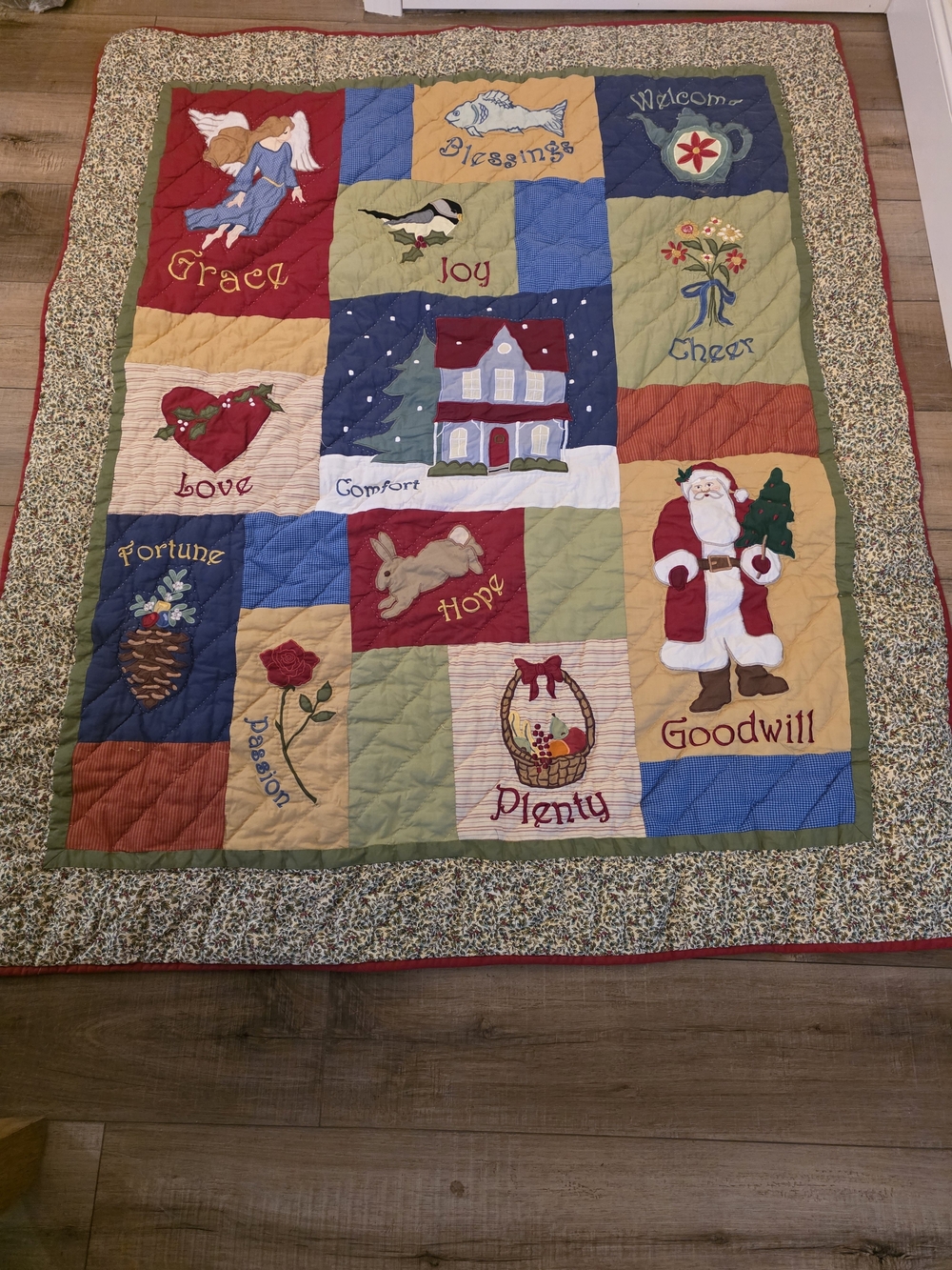 Holiday Patchwork Embroidered Quilt "12 Good Wishes"